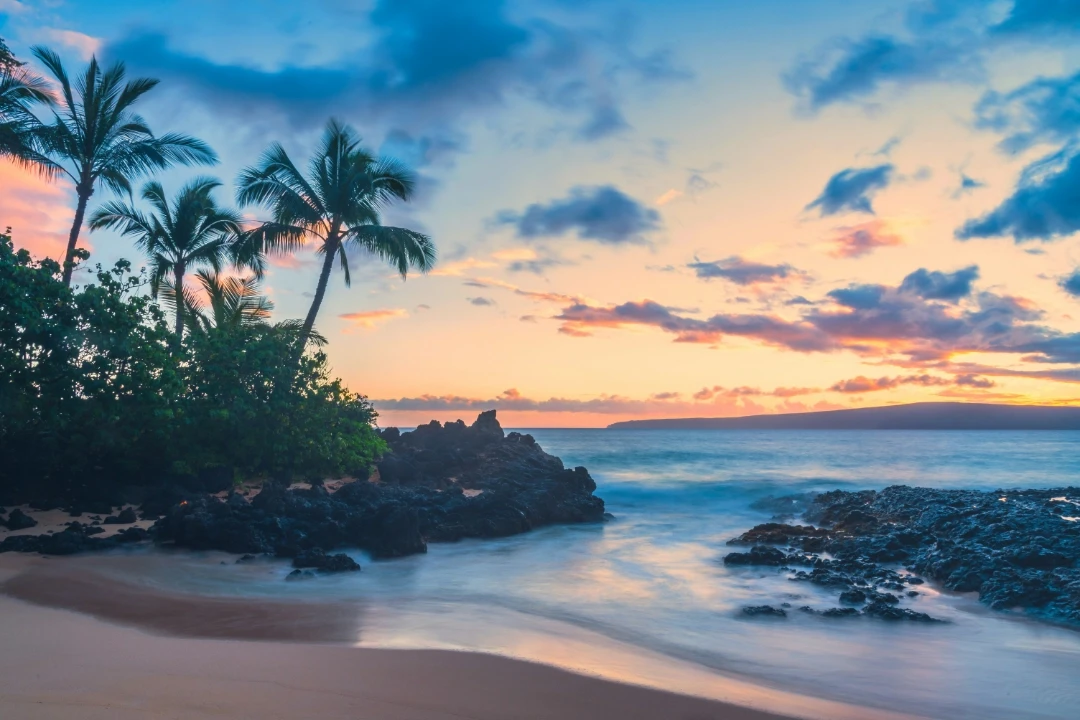 A beautiful beach on Maui at sunset, long exposure of the waves.