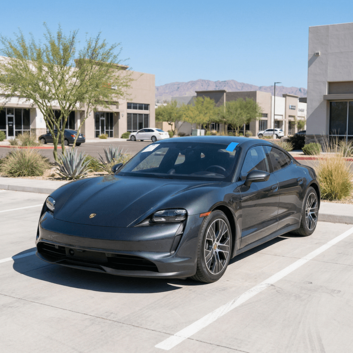 Gray Porsche Taycan electric sedan with a flawless new windshield at a San Luis, Arizona business center