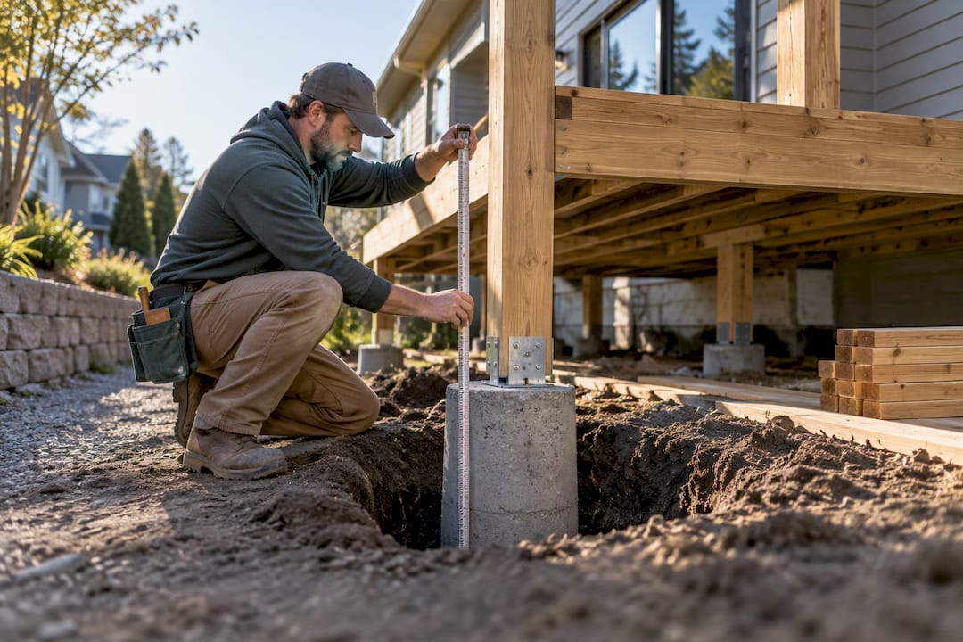Worker checking residential deck footing depth