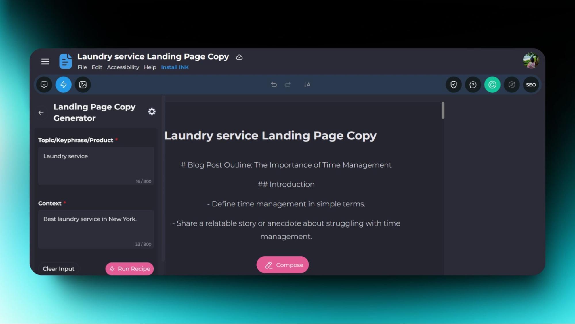 Screenshot of Ink Editor's landing page copy generator for a laundry service, showing an outline, context input, and a compose button.