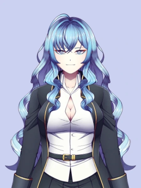 VTuber model example showing a blue-haired female character with a static pose and animated movement sample, used as a client testimonial showcase.