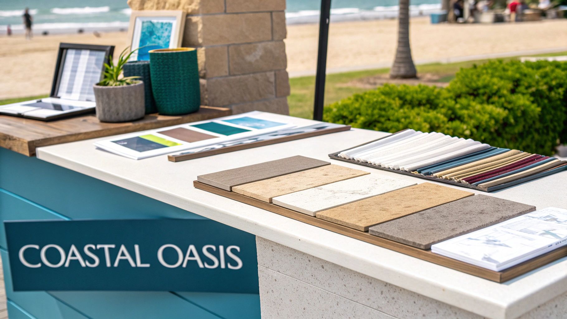 A display of coastal-themed remodeling materials, including tile samples, fabric swatches, and design brochures, on a white countertop with a beach background.