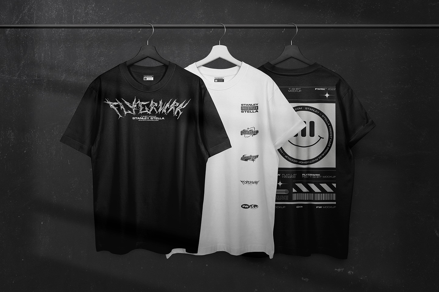 Shadow Overlays Scene Creator applied to three hanging t-shirts with realistic soft lighting and depth