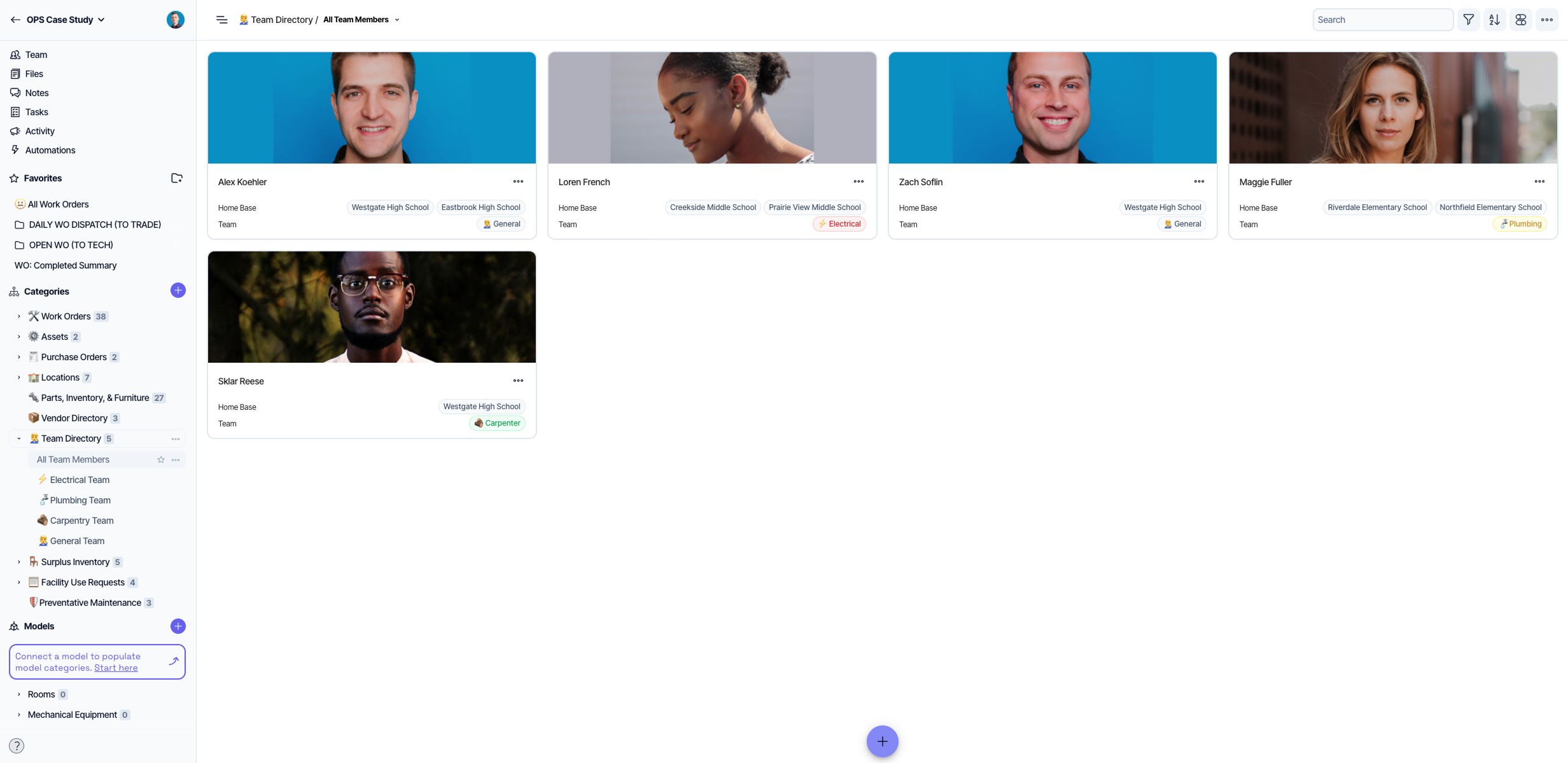 A Gallery view of the Team Directory. There could be multiple Directories or Sub-Directory categories for each Trade, Work Group, or Department depending on your specific operation’s needs and goals.