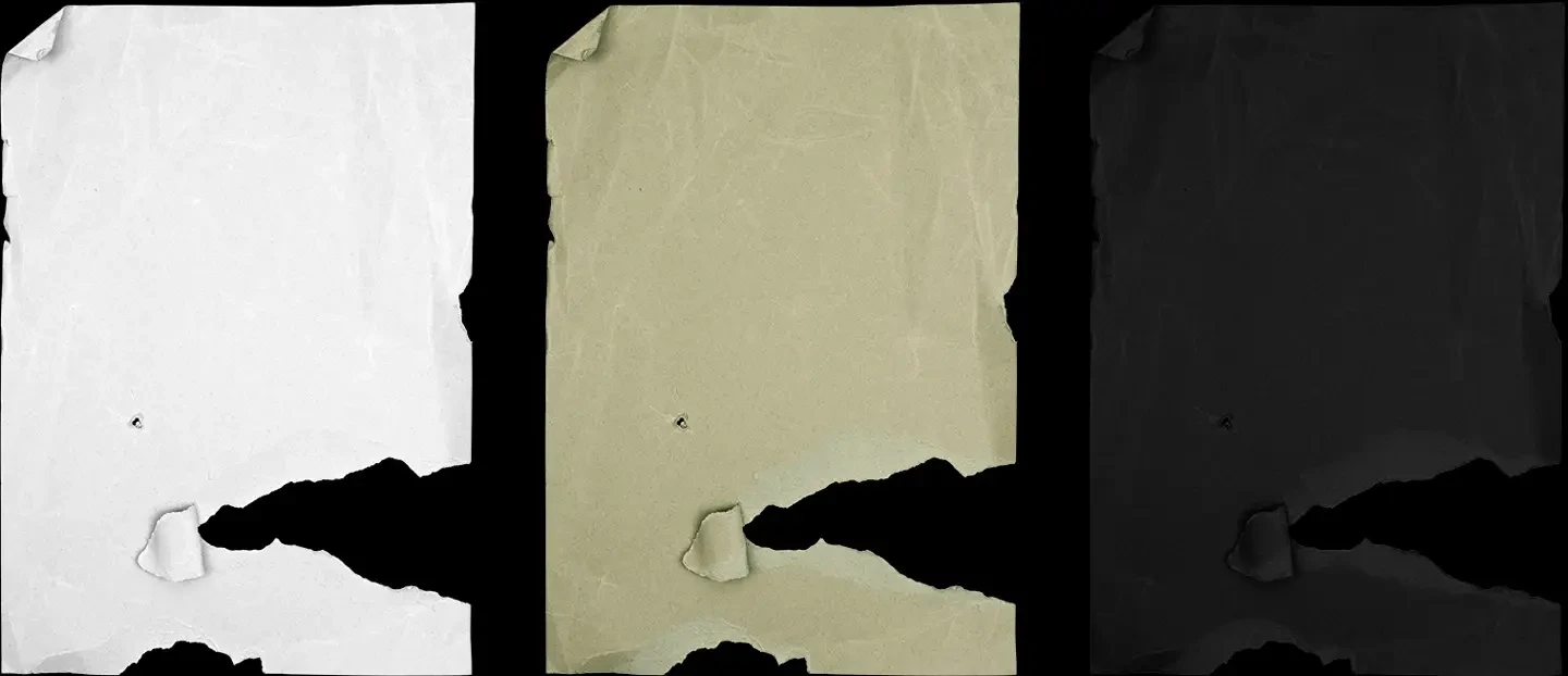 Crumpled paper sheets showing three distinctive color variations in white old vintage and rich black