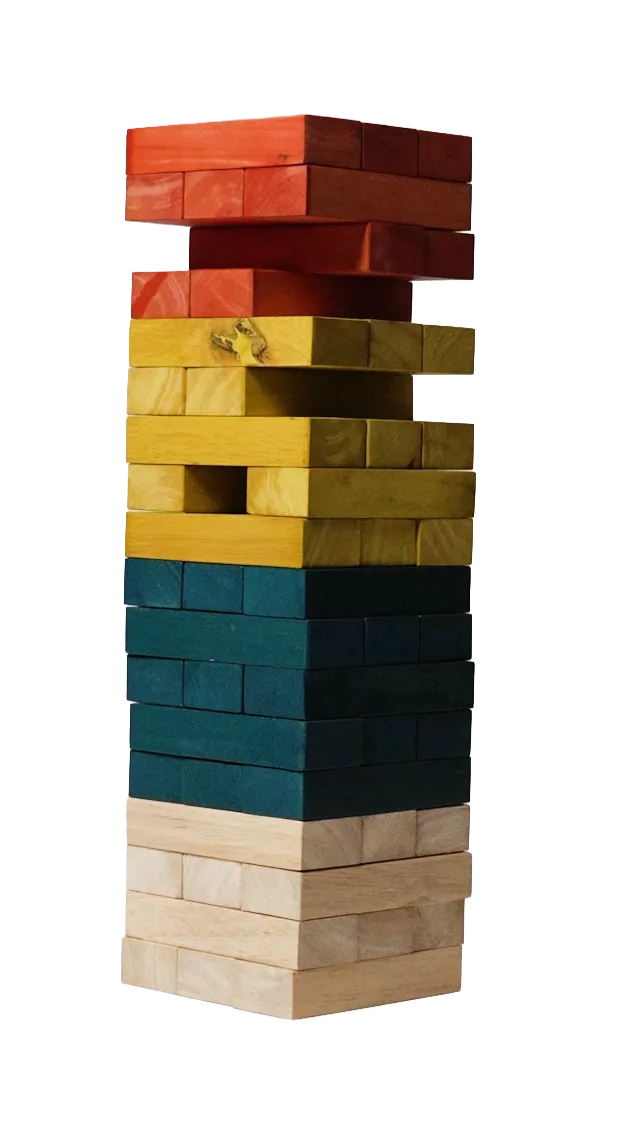 A tall stack of red, yellow, teal and natural wooden blocks