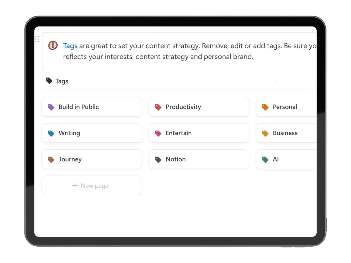 Screenshot of the Tags section in the Insight Incubator Notion template showing labels like Build in Public, Productivity, Writing, and AI