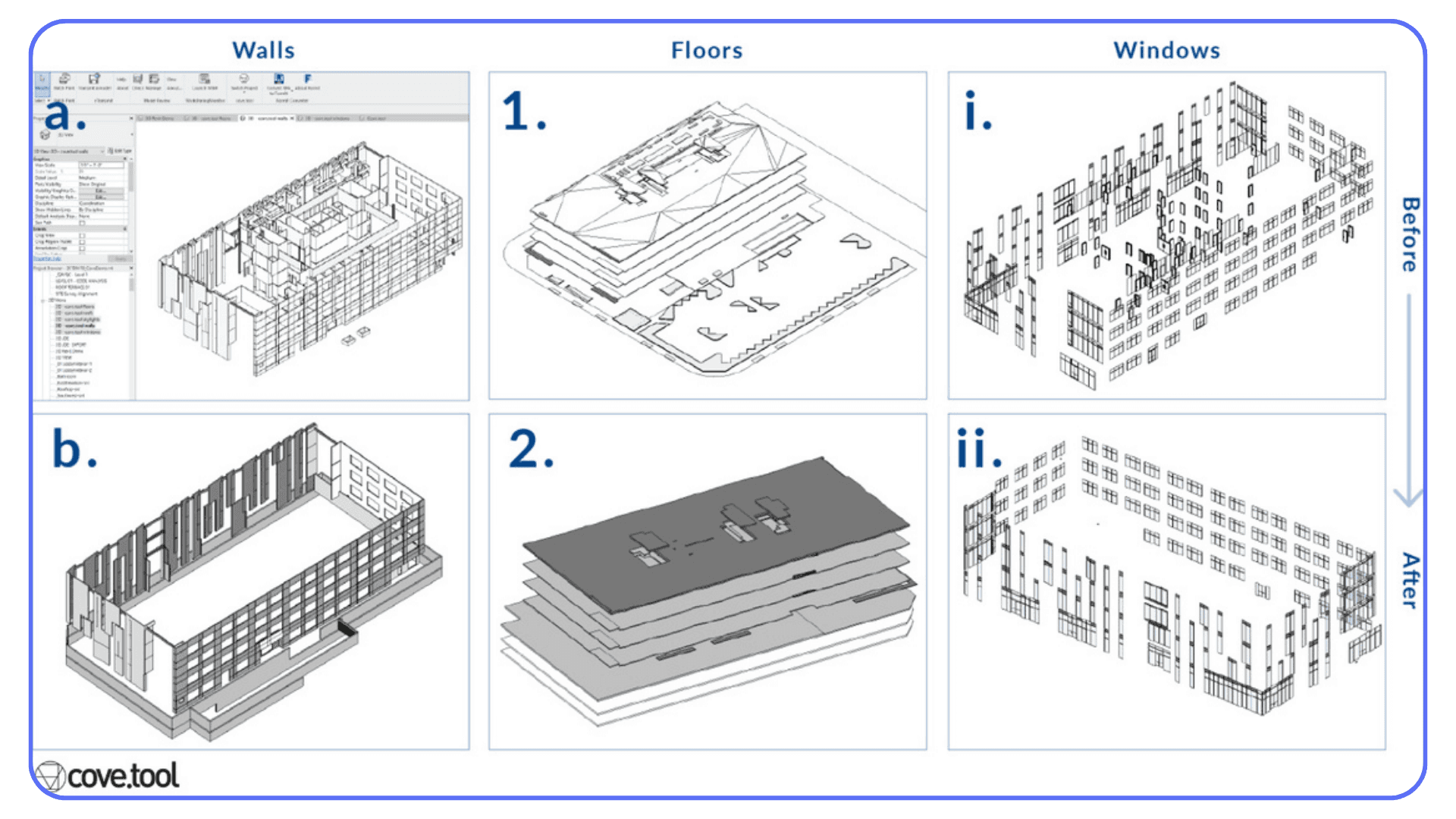 Comparison showing Revit model geometry before and after simplifying walls, floors, and windows
