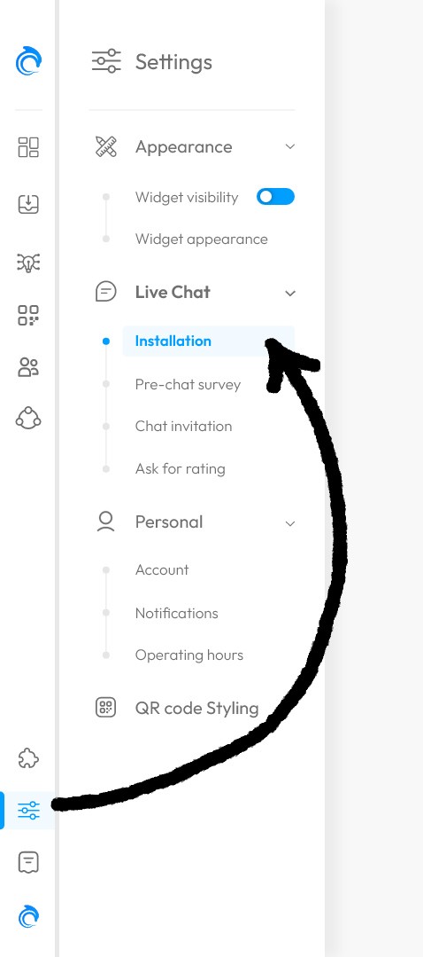 AskDolphin Settings panel with an arrow pointing to the Live Chat installation menu option.