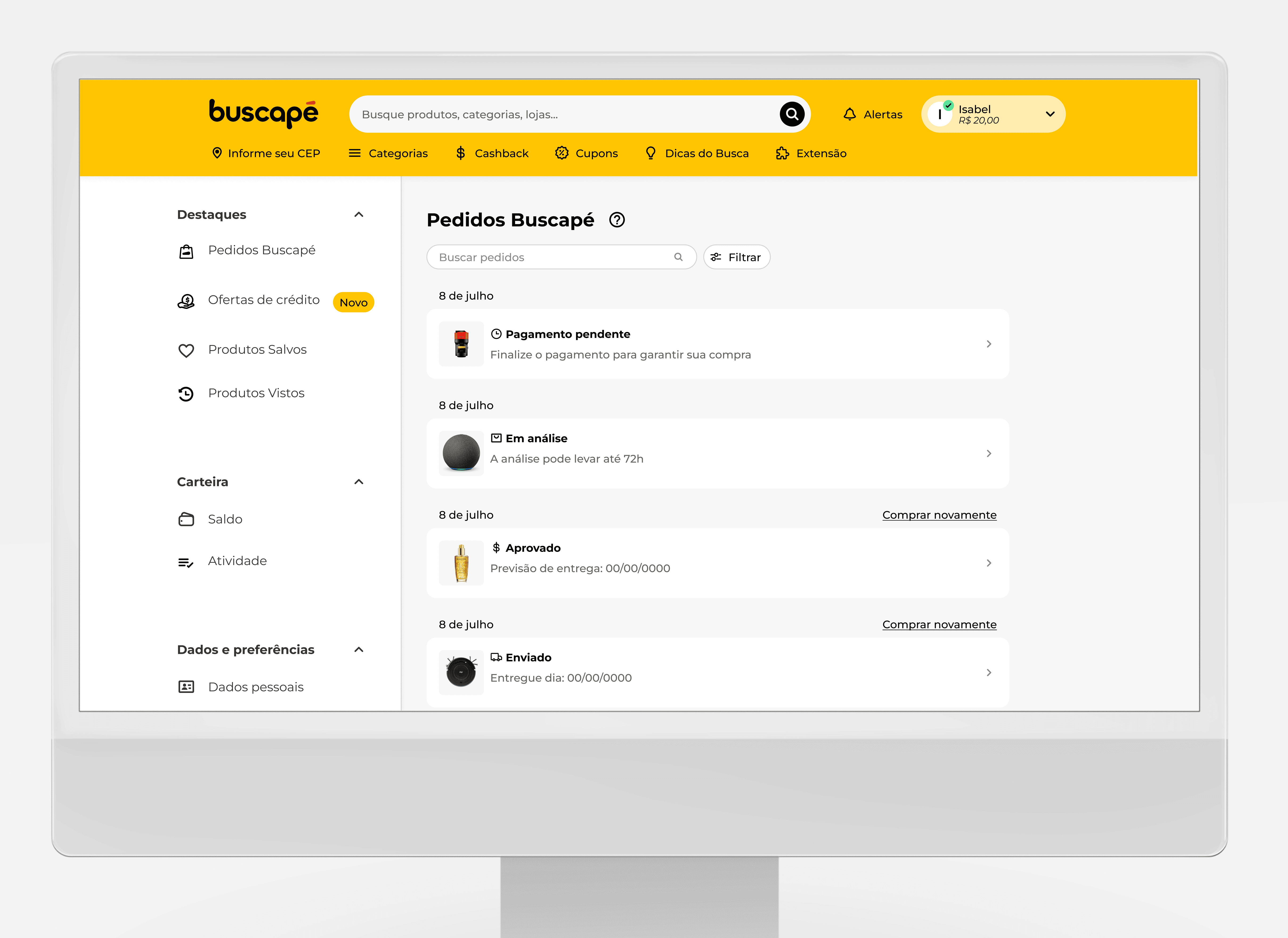 Mockup desktop da página de todos os pedidos Buscapé