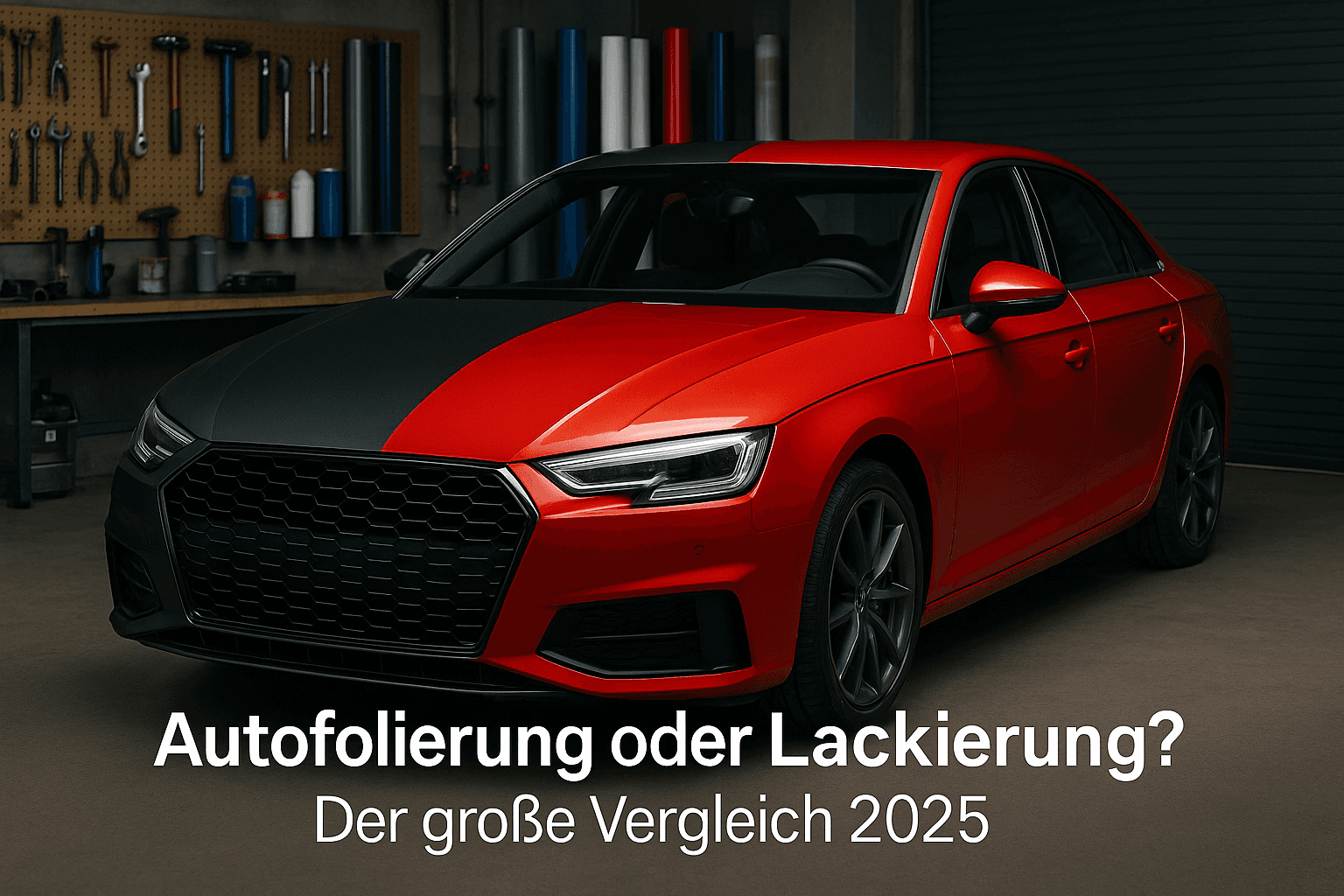 "Auto halb foliert, halb lackiert in moderner Werkstatt – Vergleich Folierung vs. Lackierung 2025"