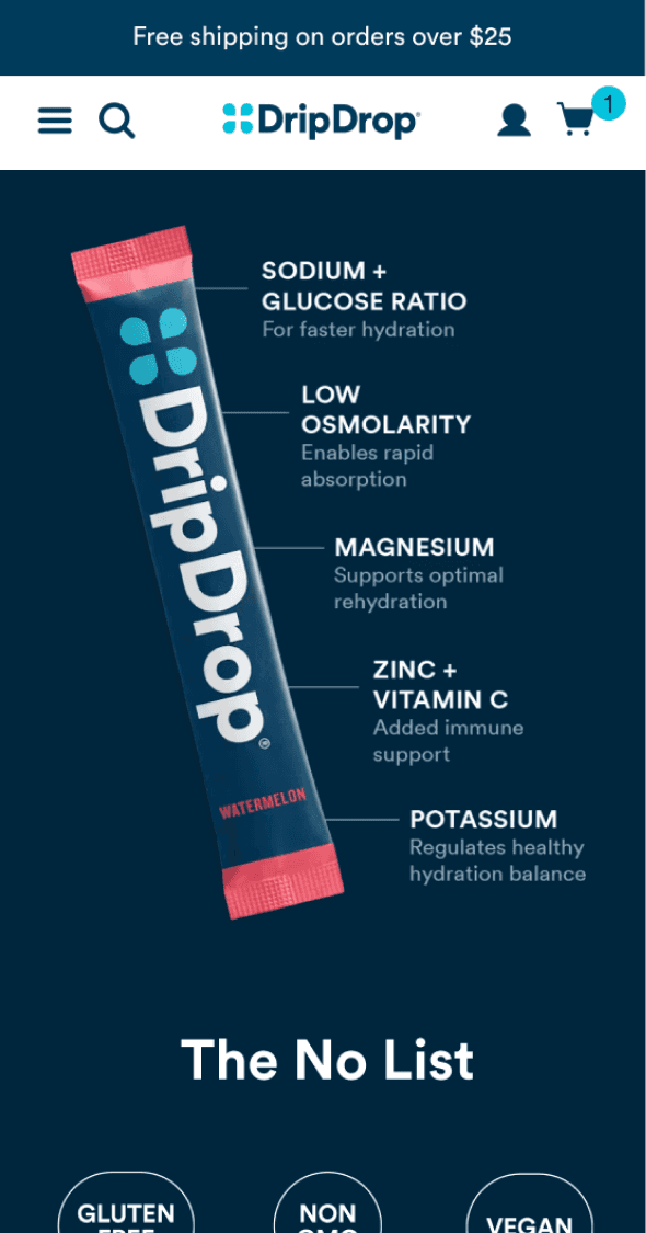 Mobile product education page for DripDrop electrolyte stick benefits