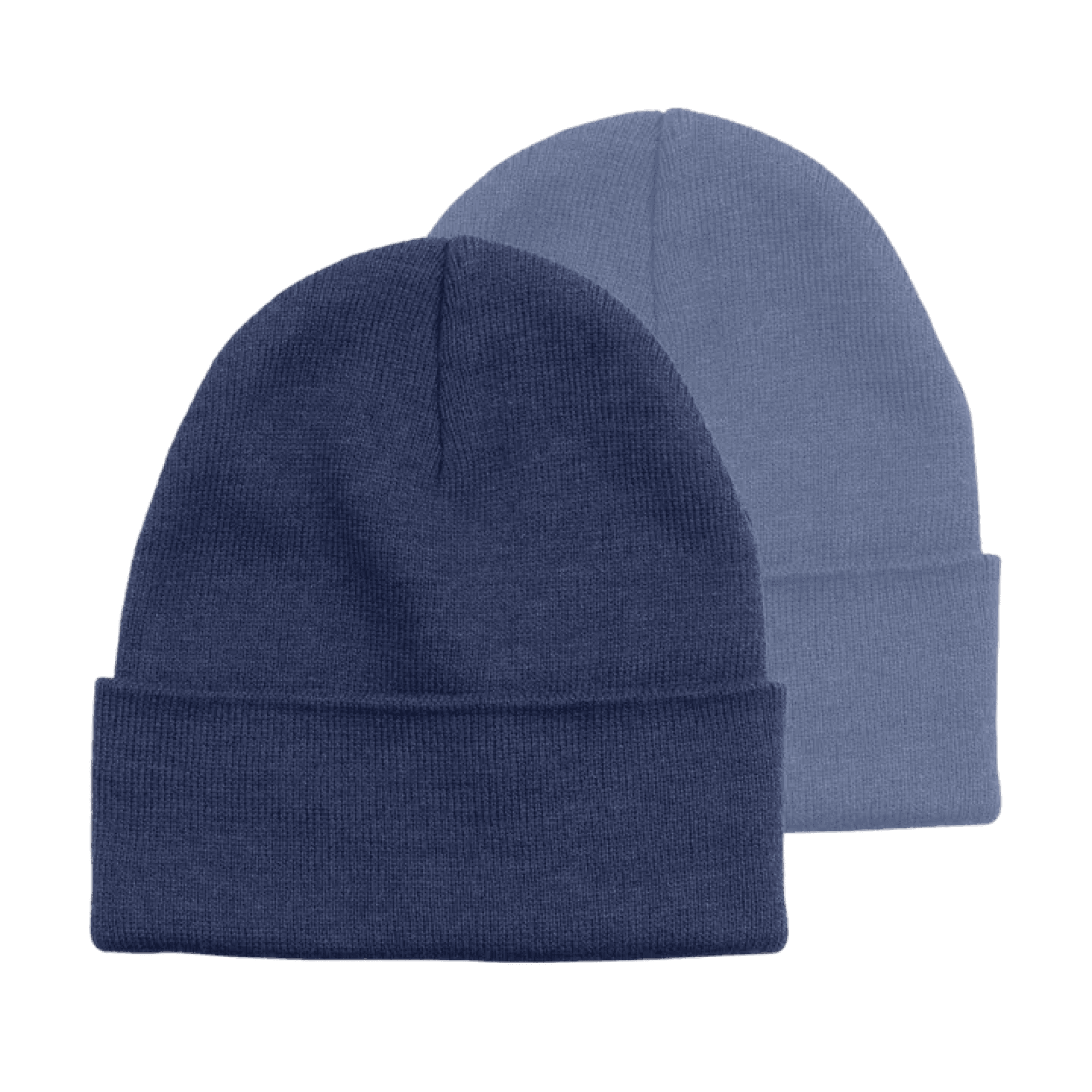 Two beanies, one dark blue and one light blue, overlapping.
