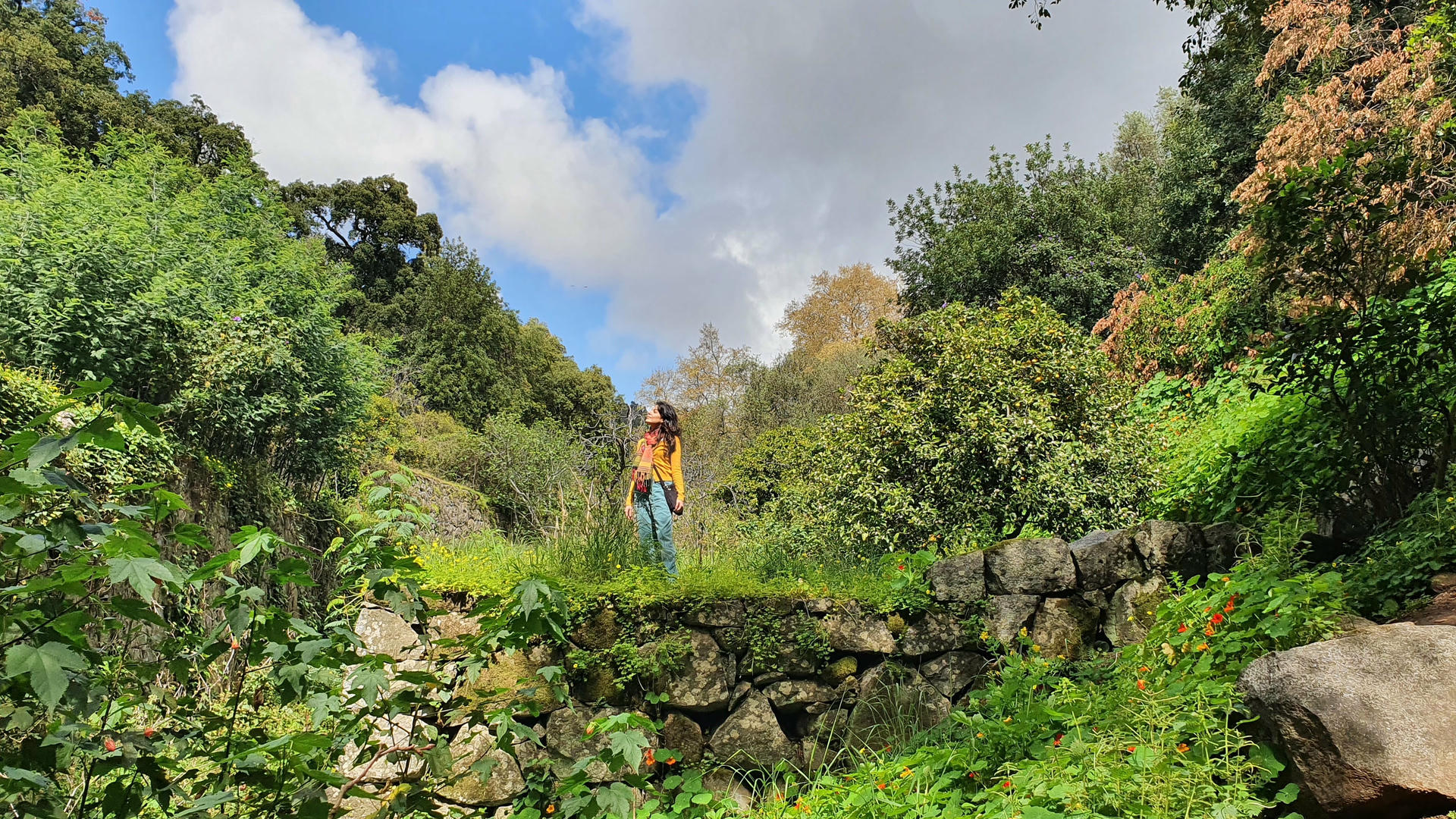 Samira standing at edge of cliff looking at clouds