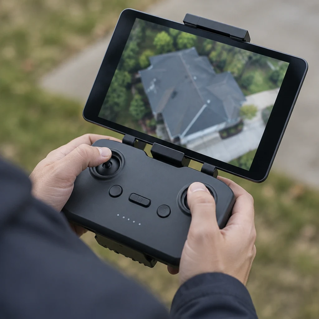 Radiocommande de drone avec tablette affichant une vue aérienne d’une toiture