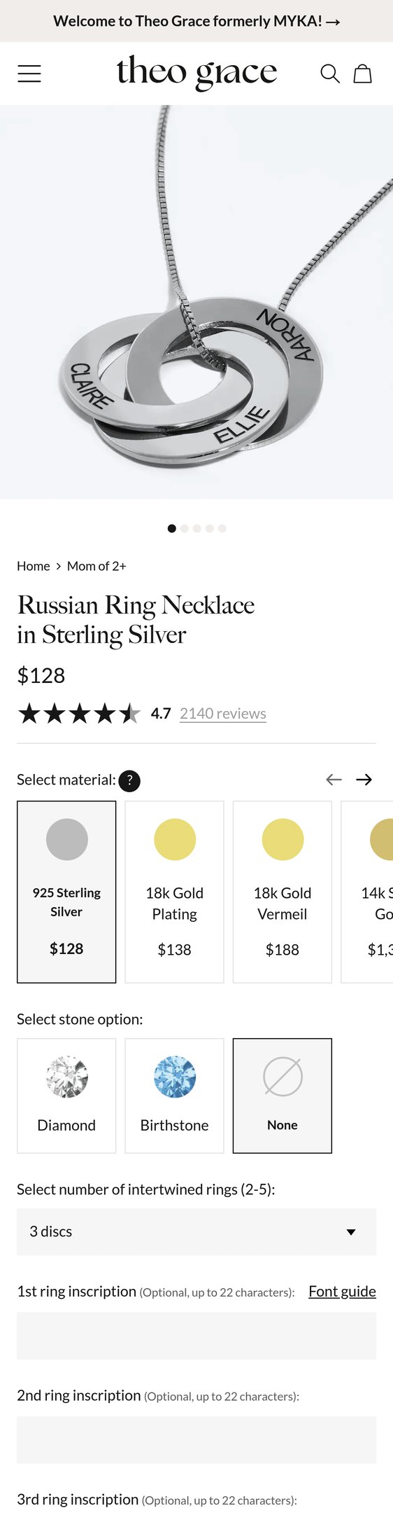 Jewelry product options include: ring, necklace, chain for Russian Ring Necklace in Sterling Silver from Theo Grace.