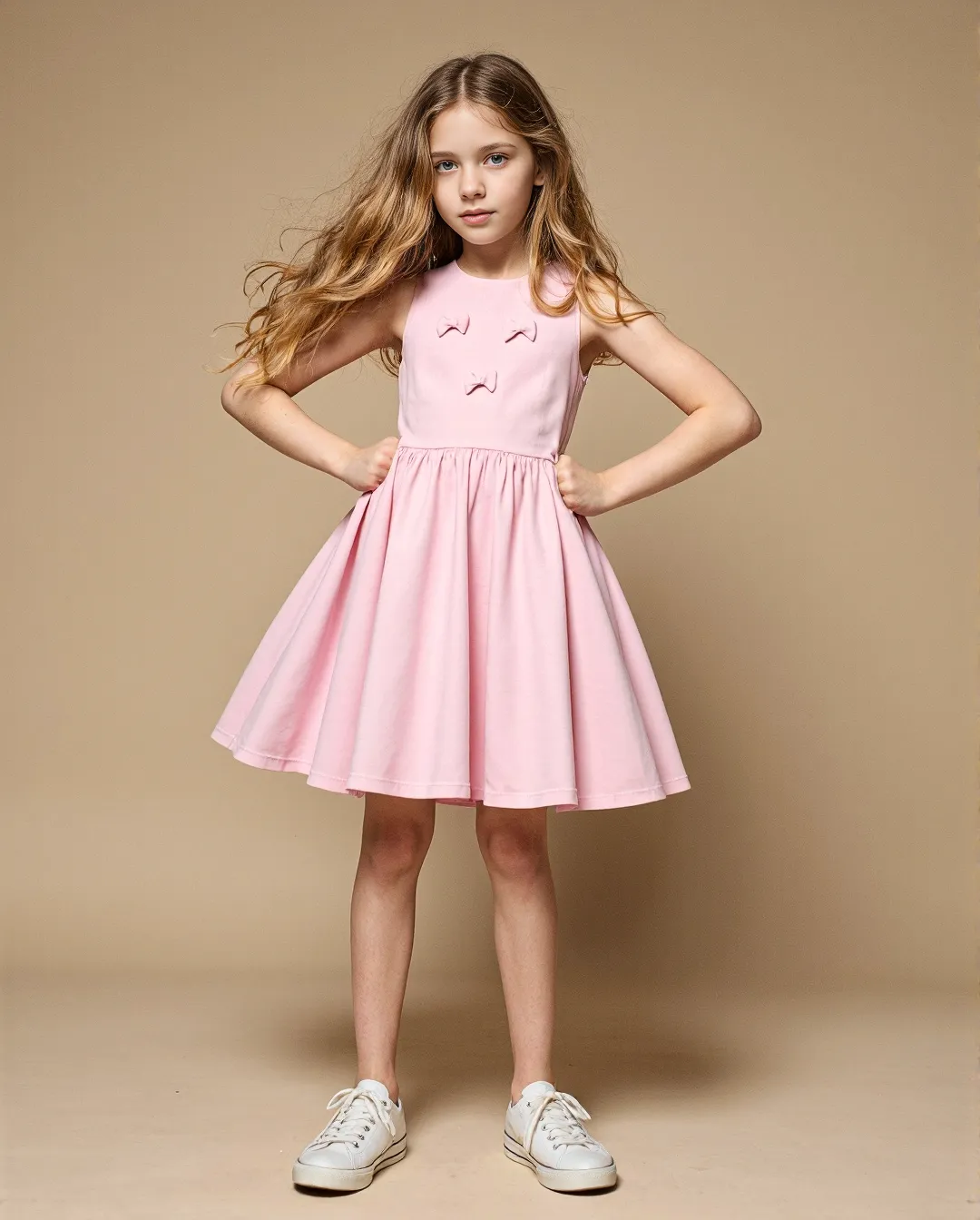 Studio portrait featuring a pink sleeveless dress with playful embroidered details, paired with white sneakers against a neutral background