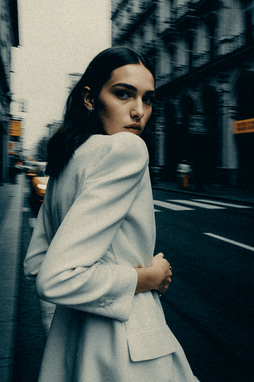 Corporate woman walking in the middle of a downtown street with motion blur
