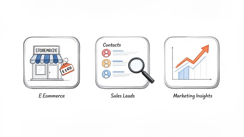 Three icons illustrating e-commerce, sales leads with contacts and a magnifying glass, and marketing insights with a growth graph.