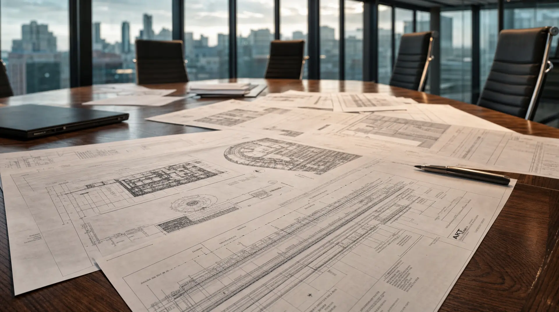Architectural drawings and pens spread across a conference table, supporting corporate brand identity strategy for B2B decision-makers.