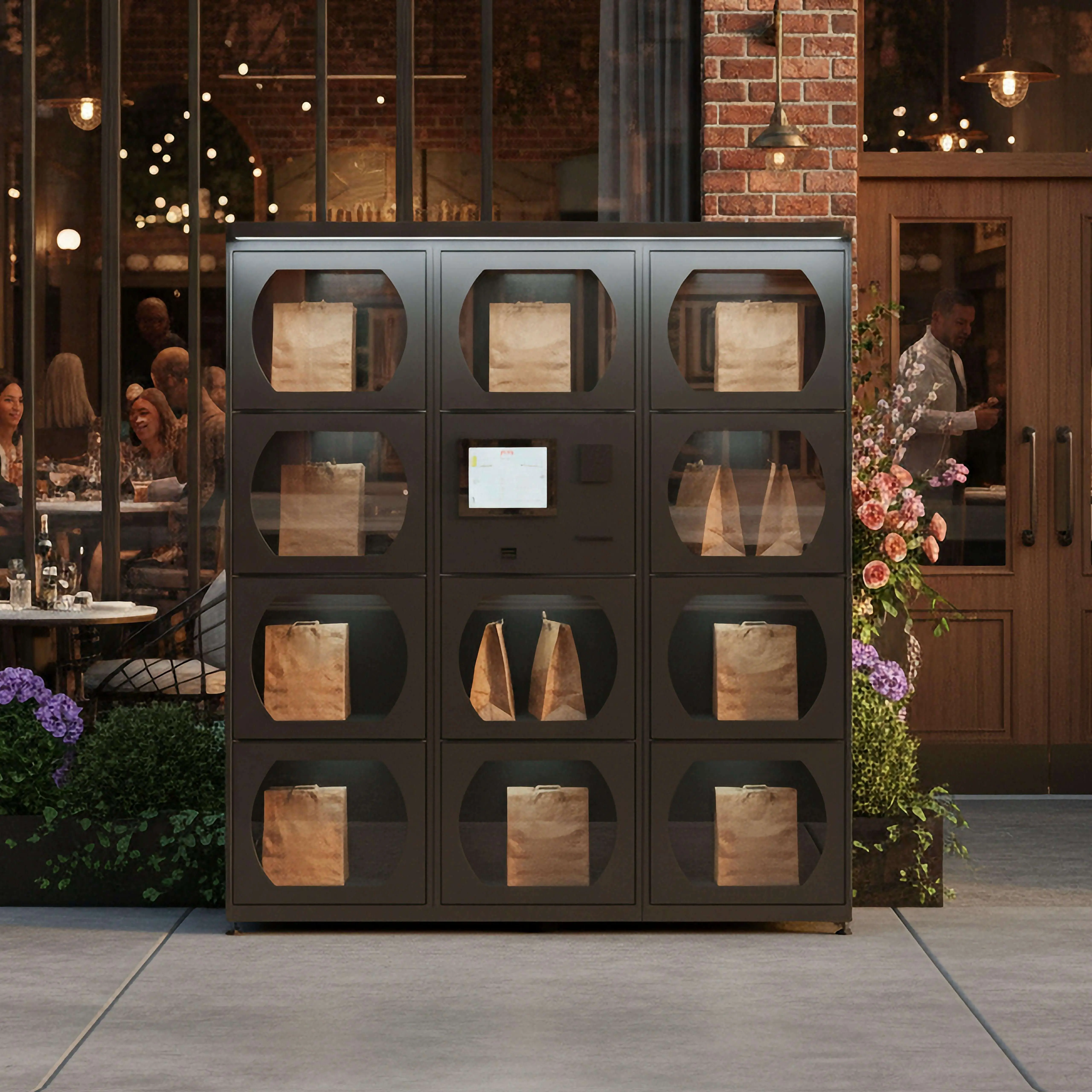 Heated parcel lockers with active warming technology for restaurant food.