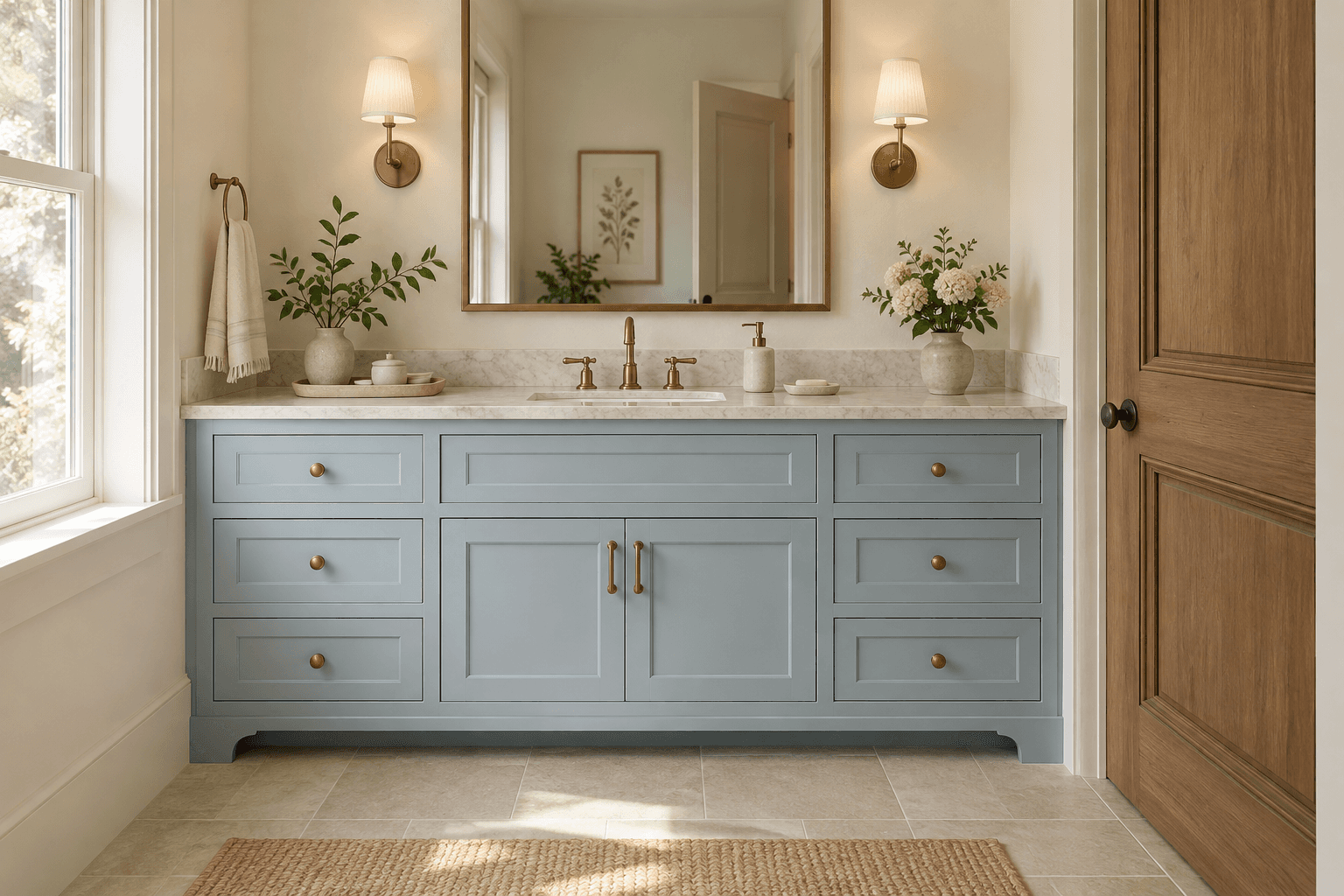 AI bathroom concept with a pale-blue vanity, light countertop and off-white surrounding surfaces.