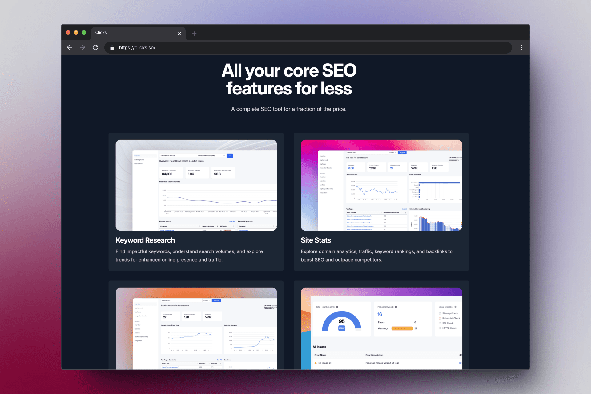 A screenshot of https://clicks.so/ landing page