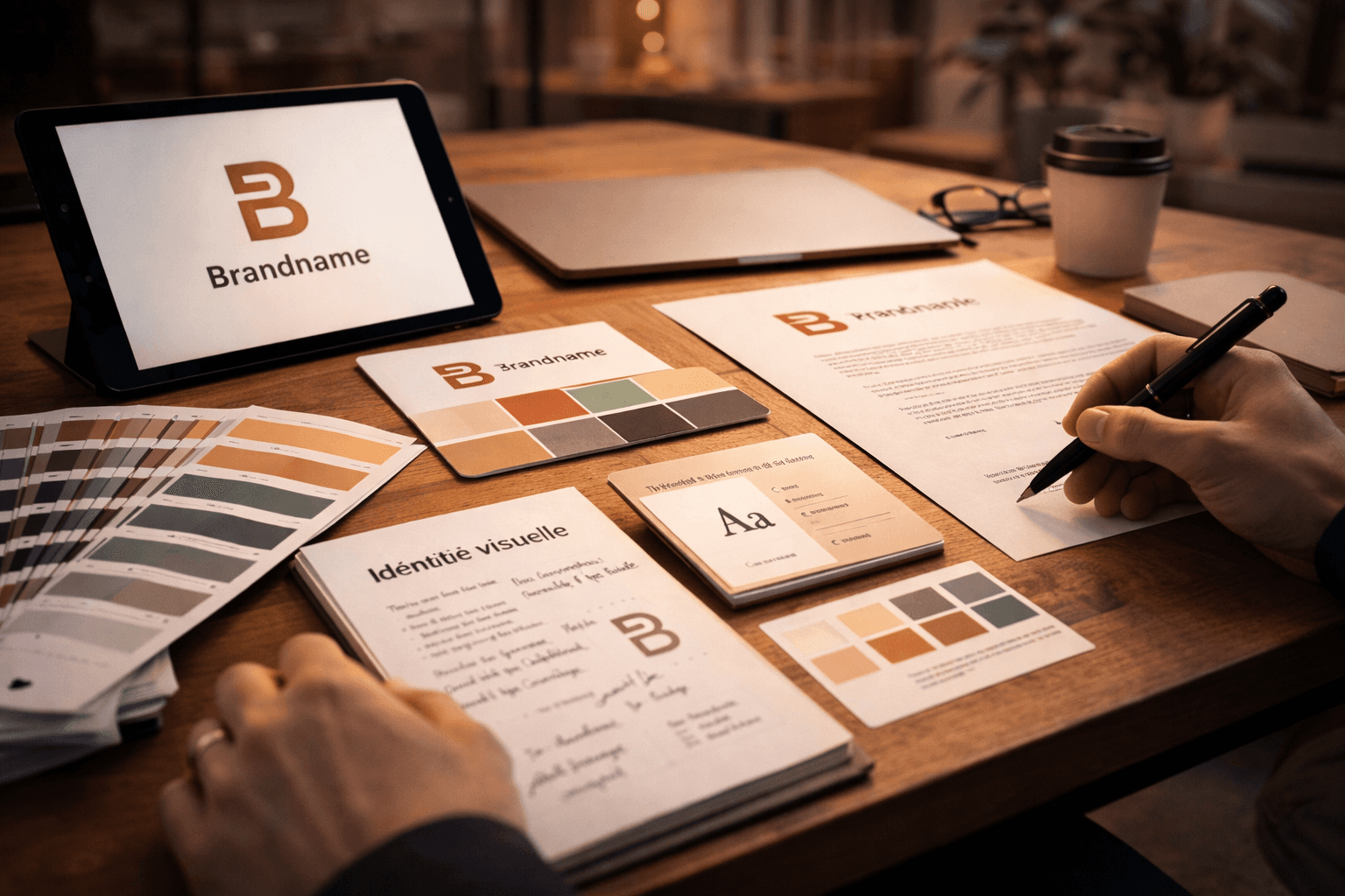 A modern hallway features vibrant teal and orange geometric and leaf patterns, with glossy tiled floors, a large rectangular light fixture, and a small shelf holding a potted plant, all leading to a large, frosted window at the end.