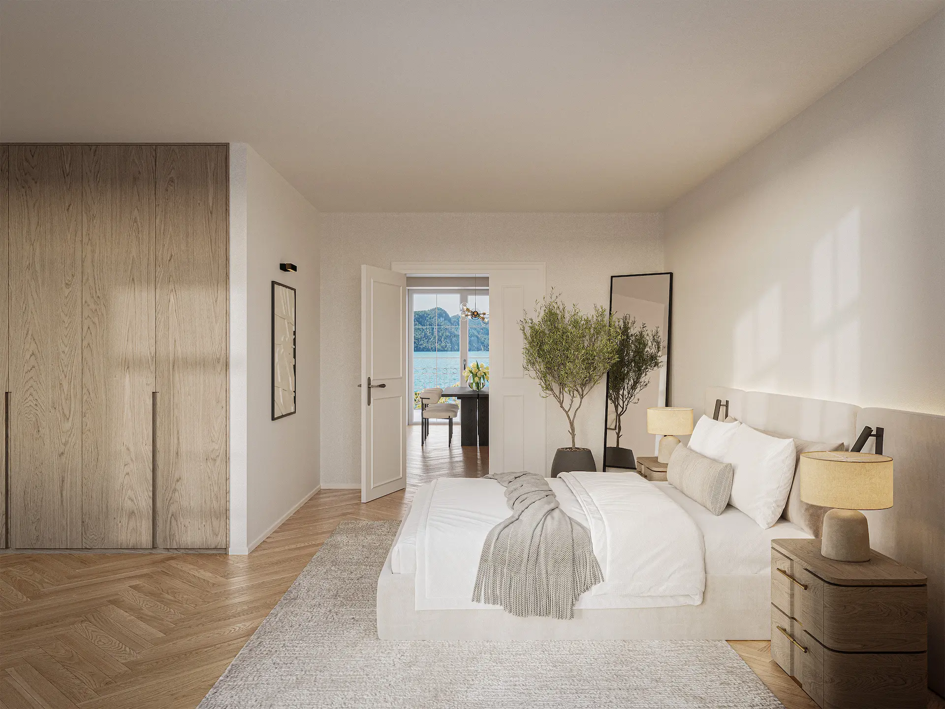 Zeitgemässes Schlafzimmer virtuell eingerichtet mit Fischgratparkett und einzigartiger Seesicht auf den Vierwaldstädtersee.