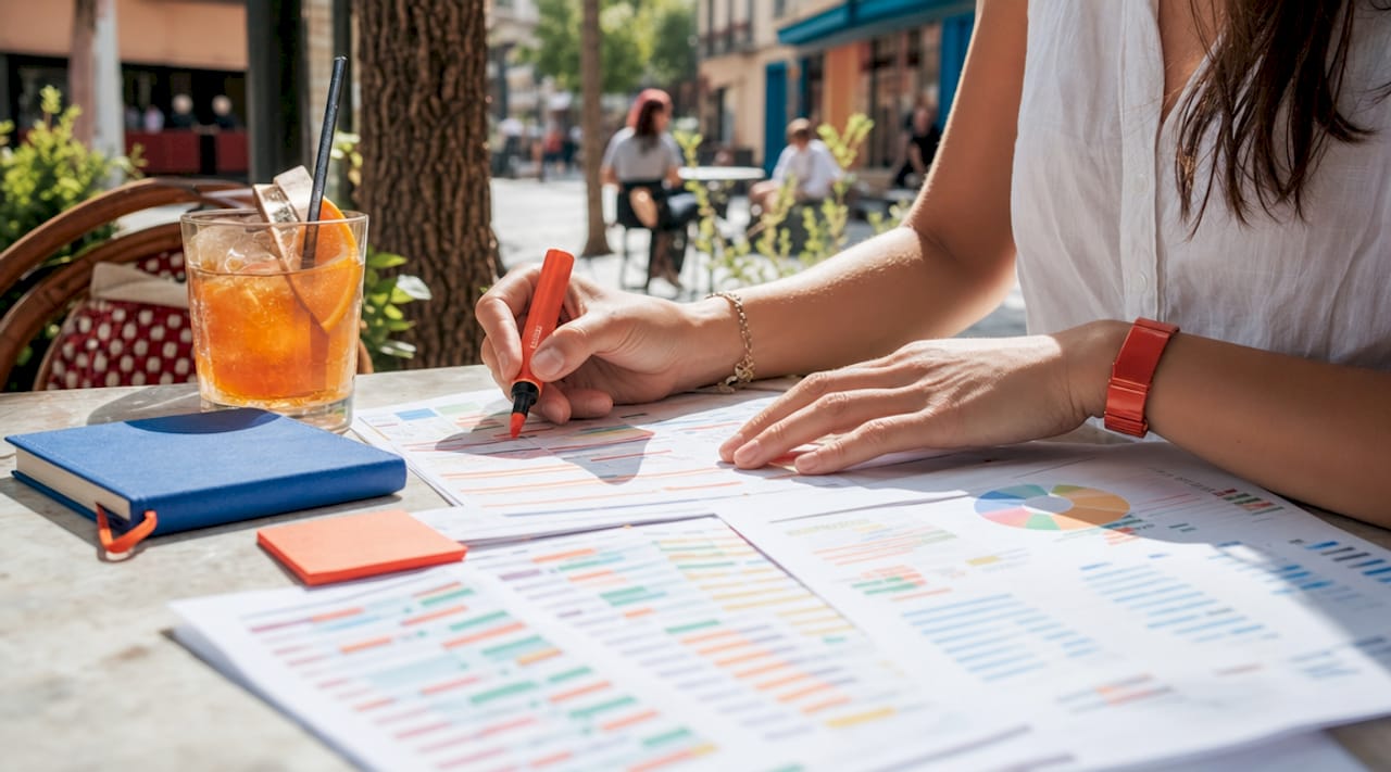 Hands reviewing keyword research charts overhead