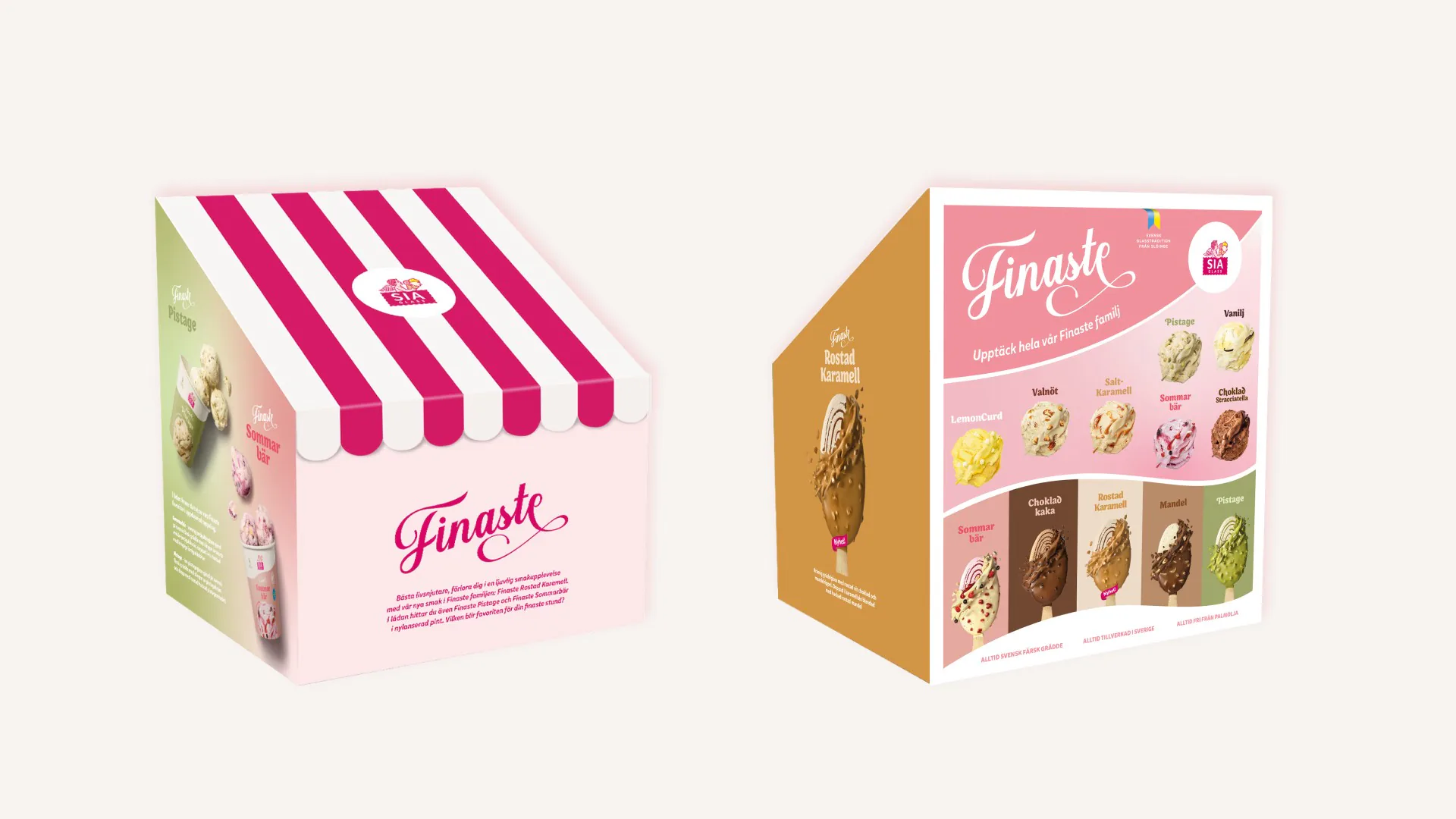 Finastes glasskartong visad från två håll, med randigt tak och en baksida med alla smaker