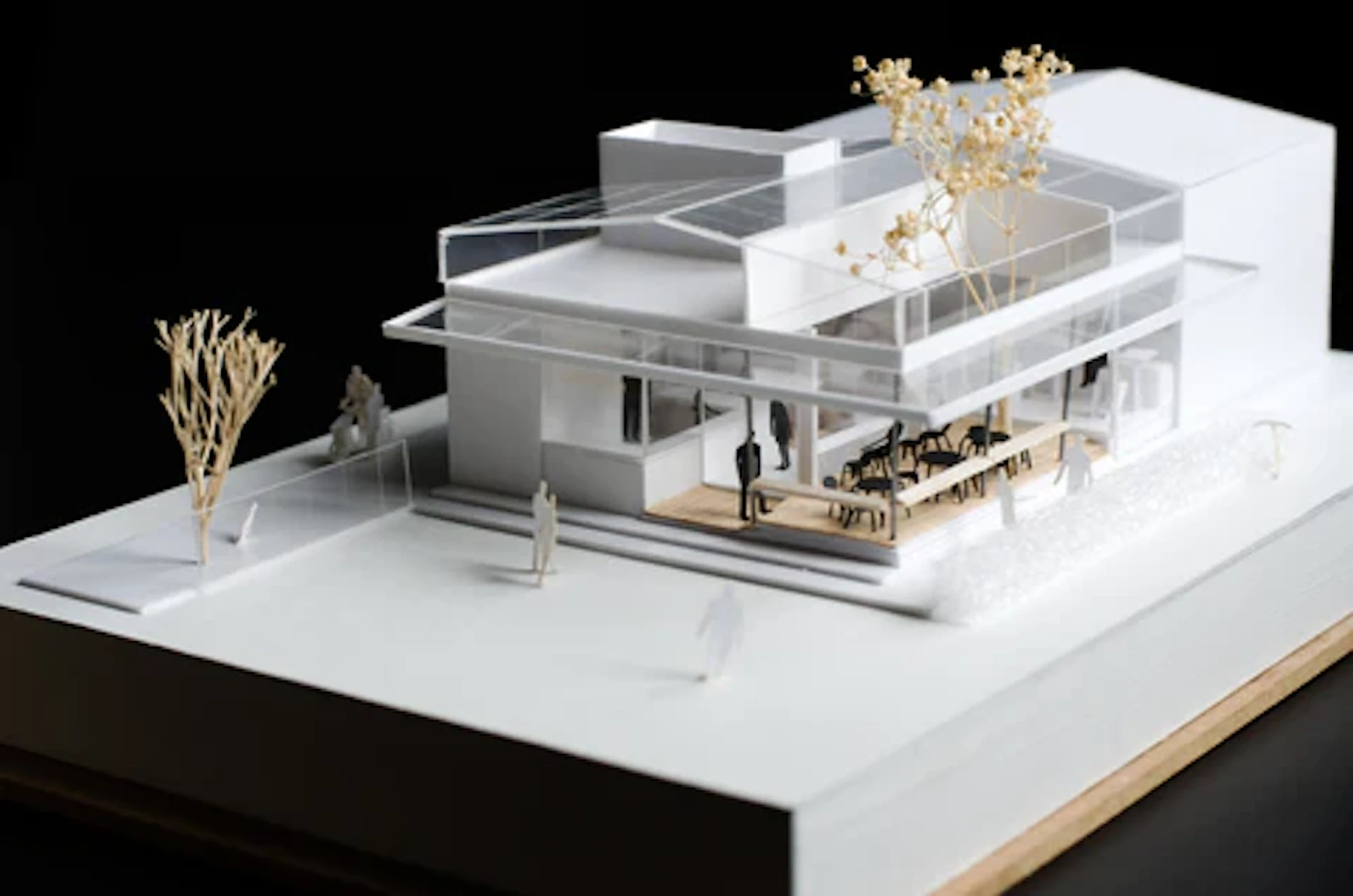 Detailed white architectural model with trees on a presentation board.