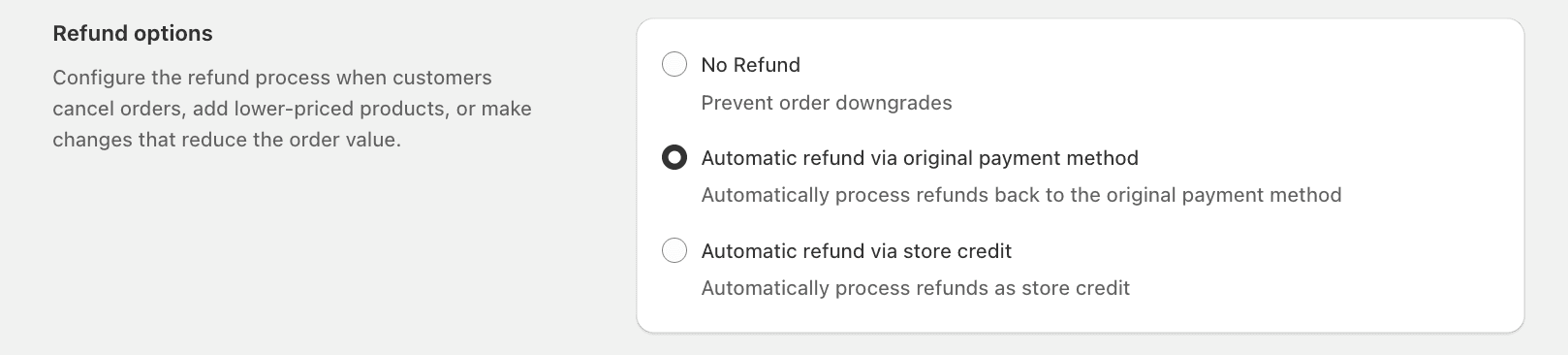 Revize Order Editing App interface to choose the refund type 