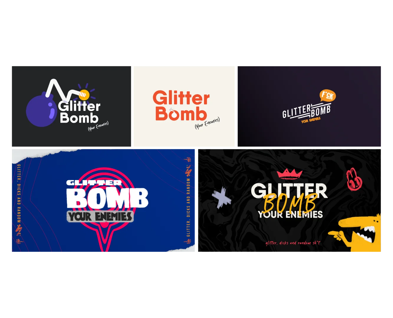 Versatile brand identity explorations for Glitter Bomb Your Enemies by Subiaco designer Andrew Salfinger, showcasing expressive typography, custom illustrations, and high-energy colorways for viral marketing.