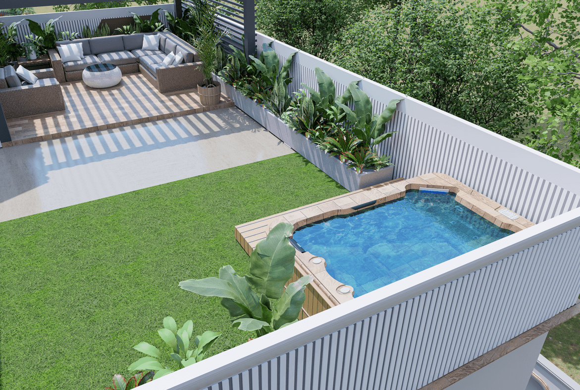 A modern white SUV is parked in a stylish driveway under a sleek carport. A woman in business attire walks towards the vehicle, conveying a professional tone.