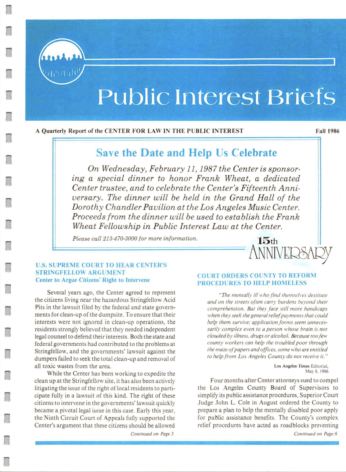 Cover of Center for Law In The Public Interest's Quarterly Report, Fall 1986 Edition Public Interest Briefs