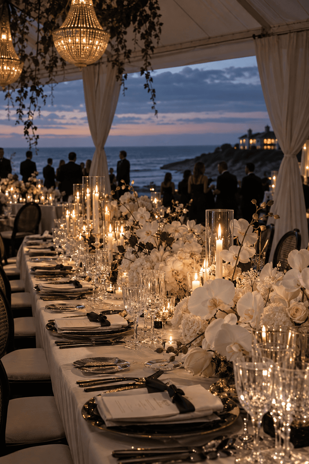 Candlelit black-tie reception by the ocean
