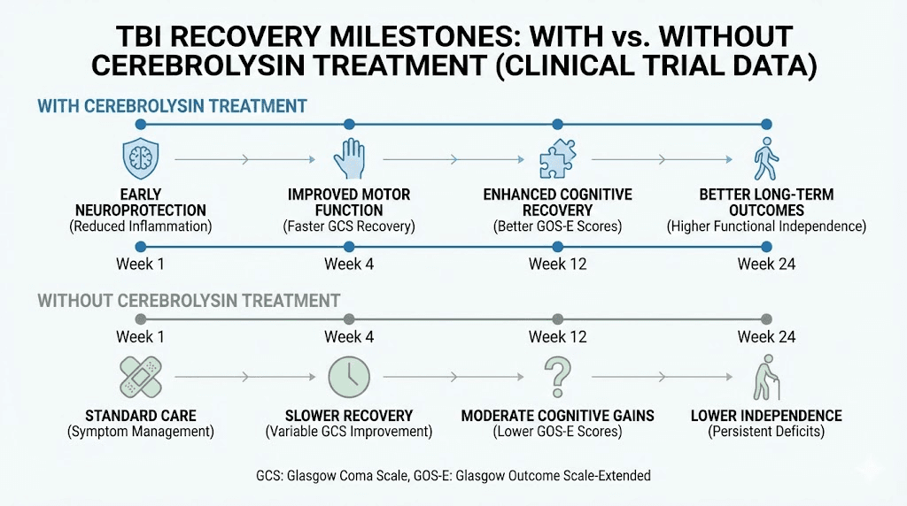 Cerebrolysin TBI recovery timeline showing improved outcomes versus standard treatment