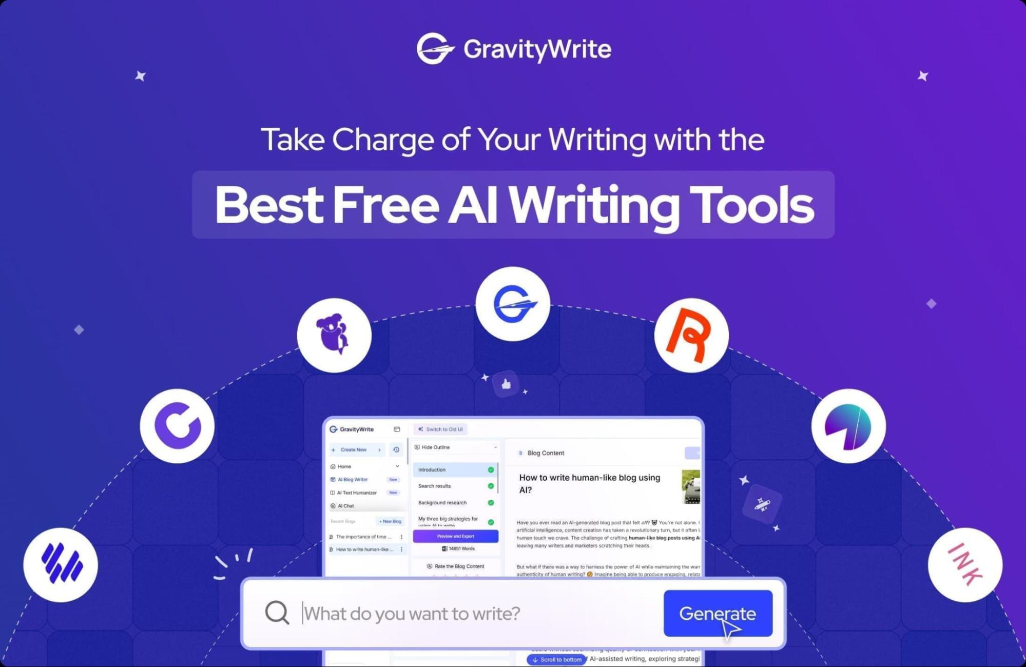 Screenshot of GravityWrite homepage featuring "Best Free AI Writing Tools" tagline with icons of various popular AI tools for content creation.