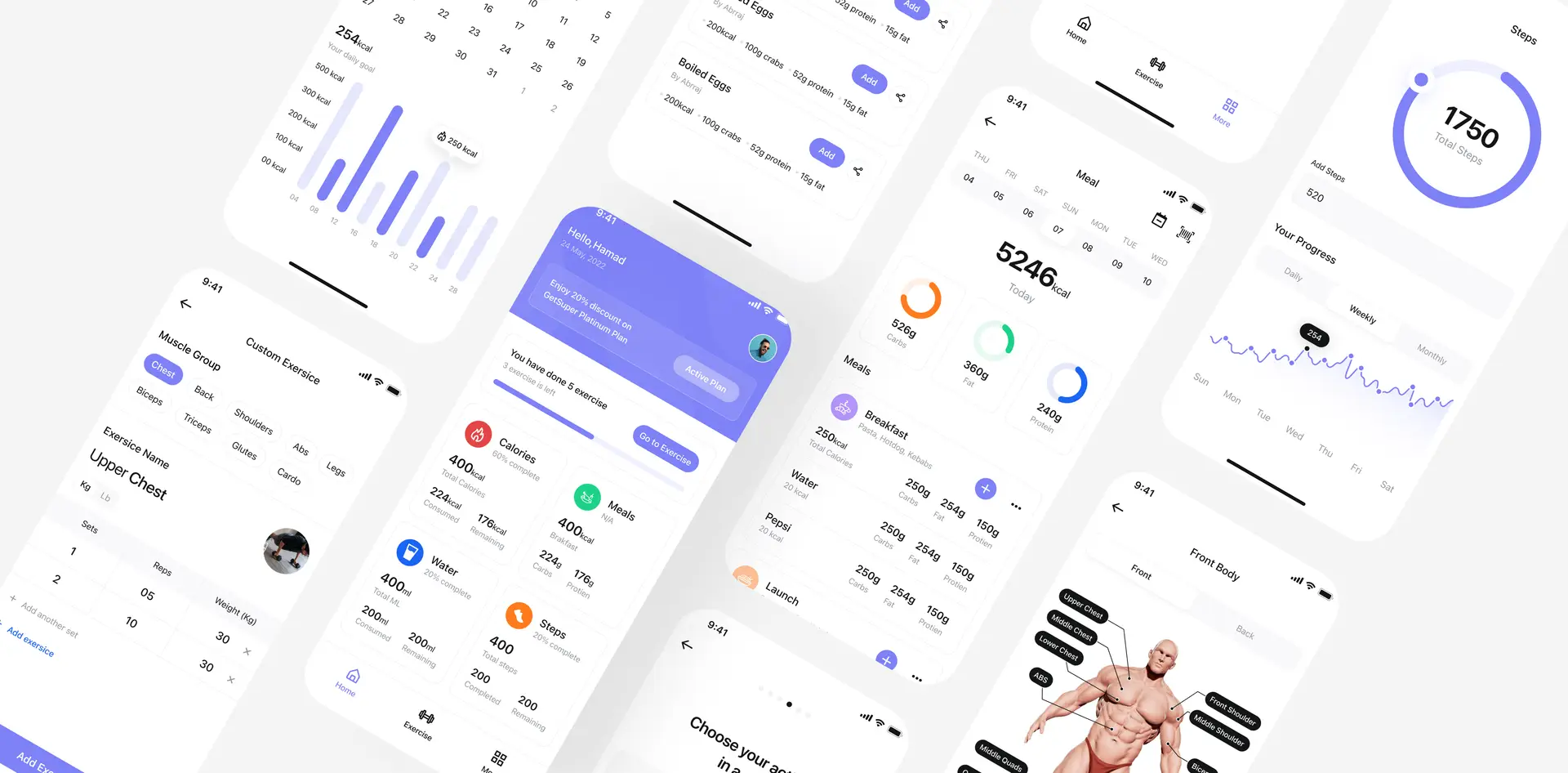 Get Super app screens: daily overview, meal logging and exercise builder