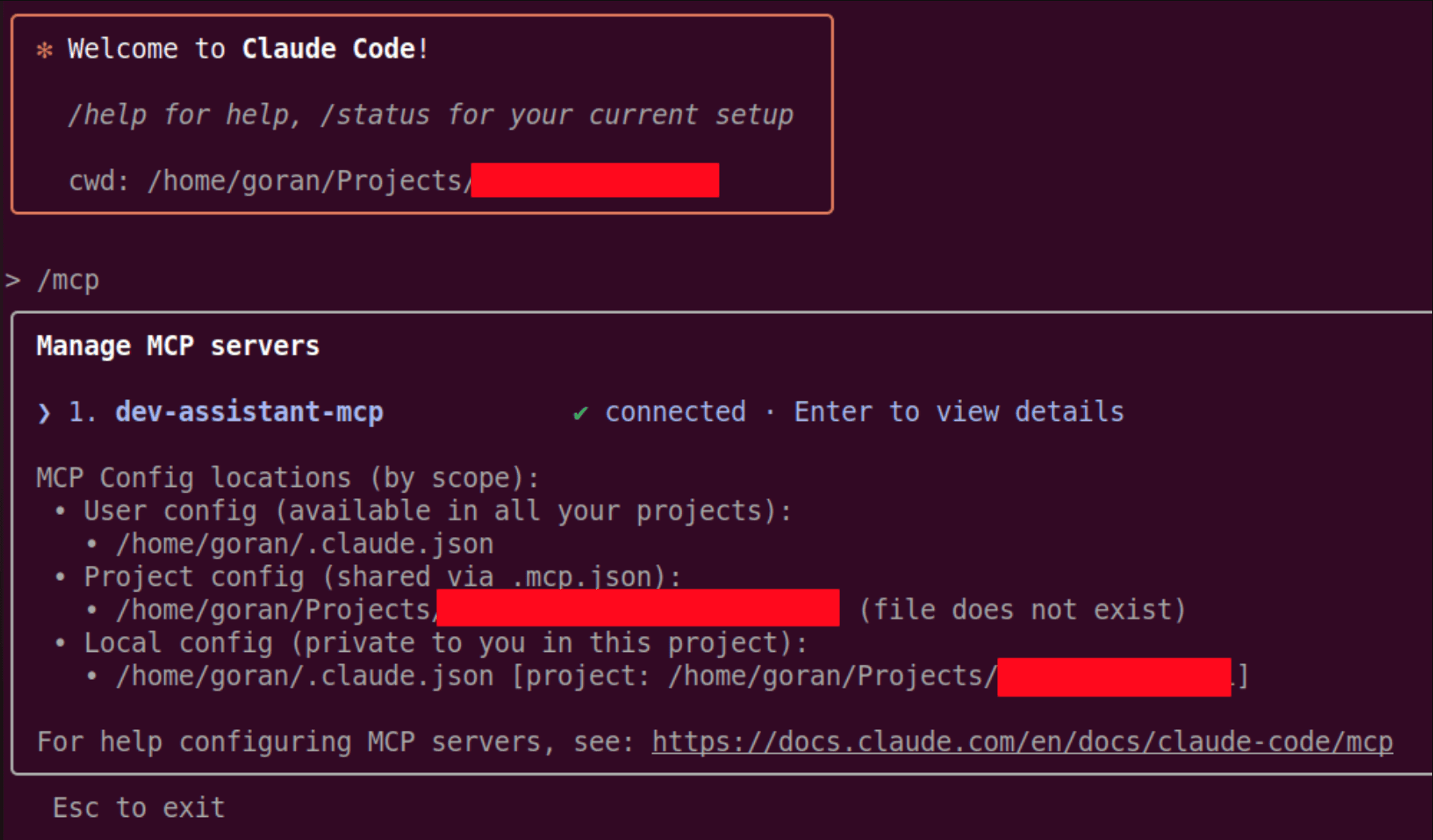 Claude Code’s /mcp interface showing a connected MCP server and the available user, project, and local configuration scopes.