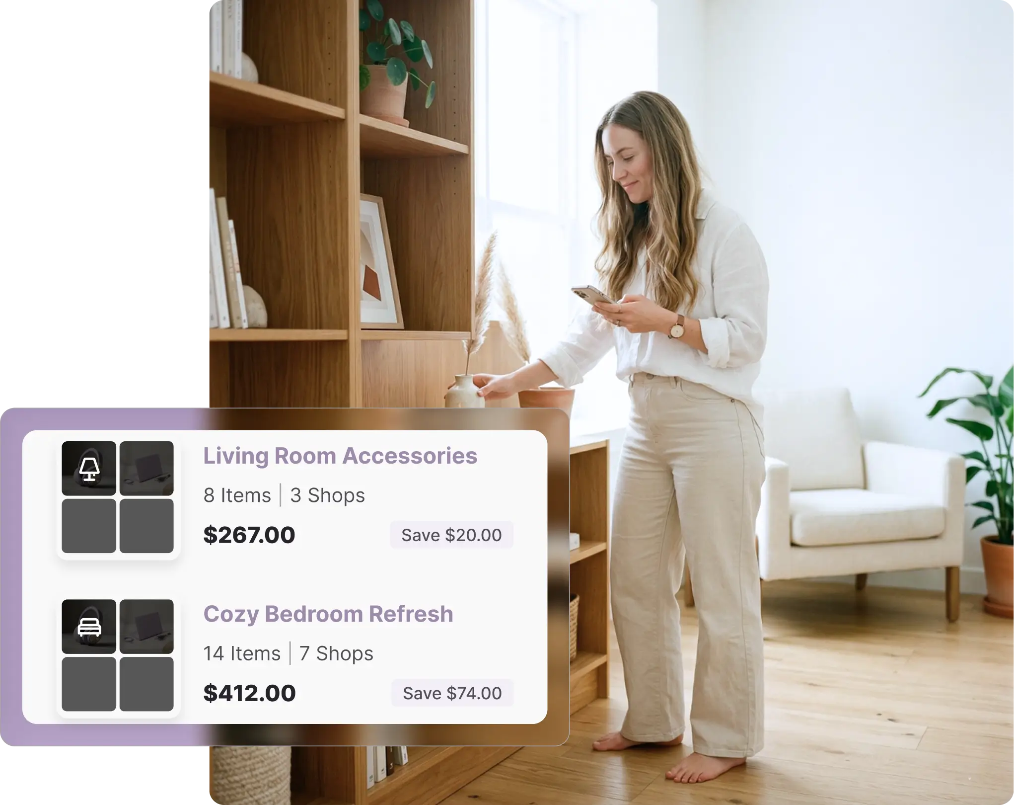 A smiling woman standing barefoot in a bright living room, holding her smartphone while arranging a small vase on a tall, wooden bookshelf. The image features a Whisprice digital interface mockup demonstrating how to organize tracked products, showing custom IKEA collections like "Living Room Accessories" and "Cozy Bedroom Refresh" along with item counts, total prices, and saved amounts.