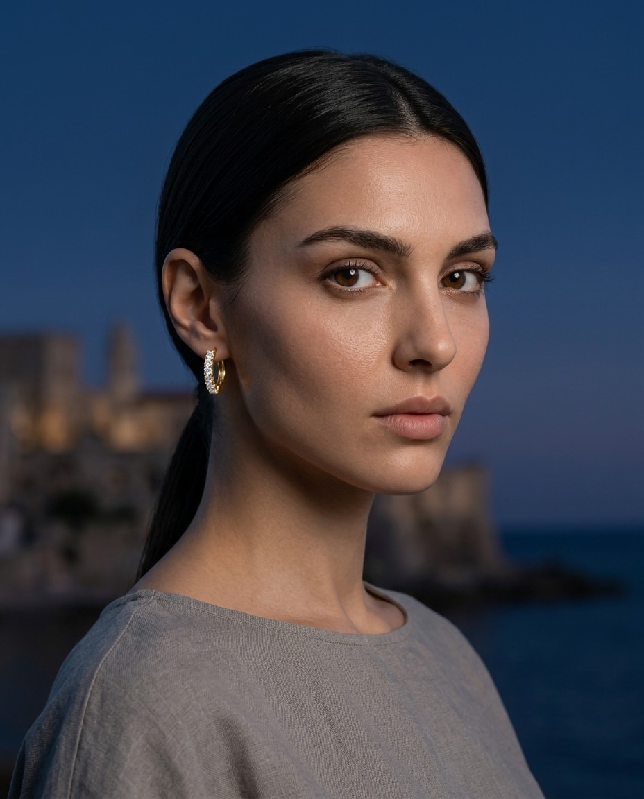 Tamar Buchnik AI model wearing gold huggie hoop earring, blue hour editorial with architectural backdrop, Gemzy AI jewelry studio