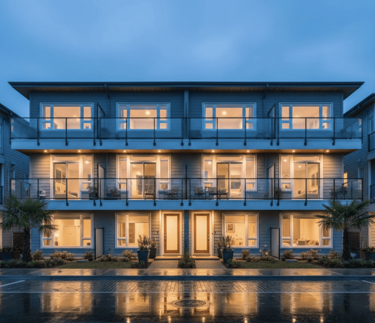 Three adjacent Vancouver townhouses at dusk with warm interior lights glowing, each unit featuring matching frameless glass balcony railings, street-level symmetrical composition, wet pavement reflecting light, modern coastal architecture, twilight blue hour photography