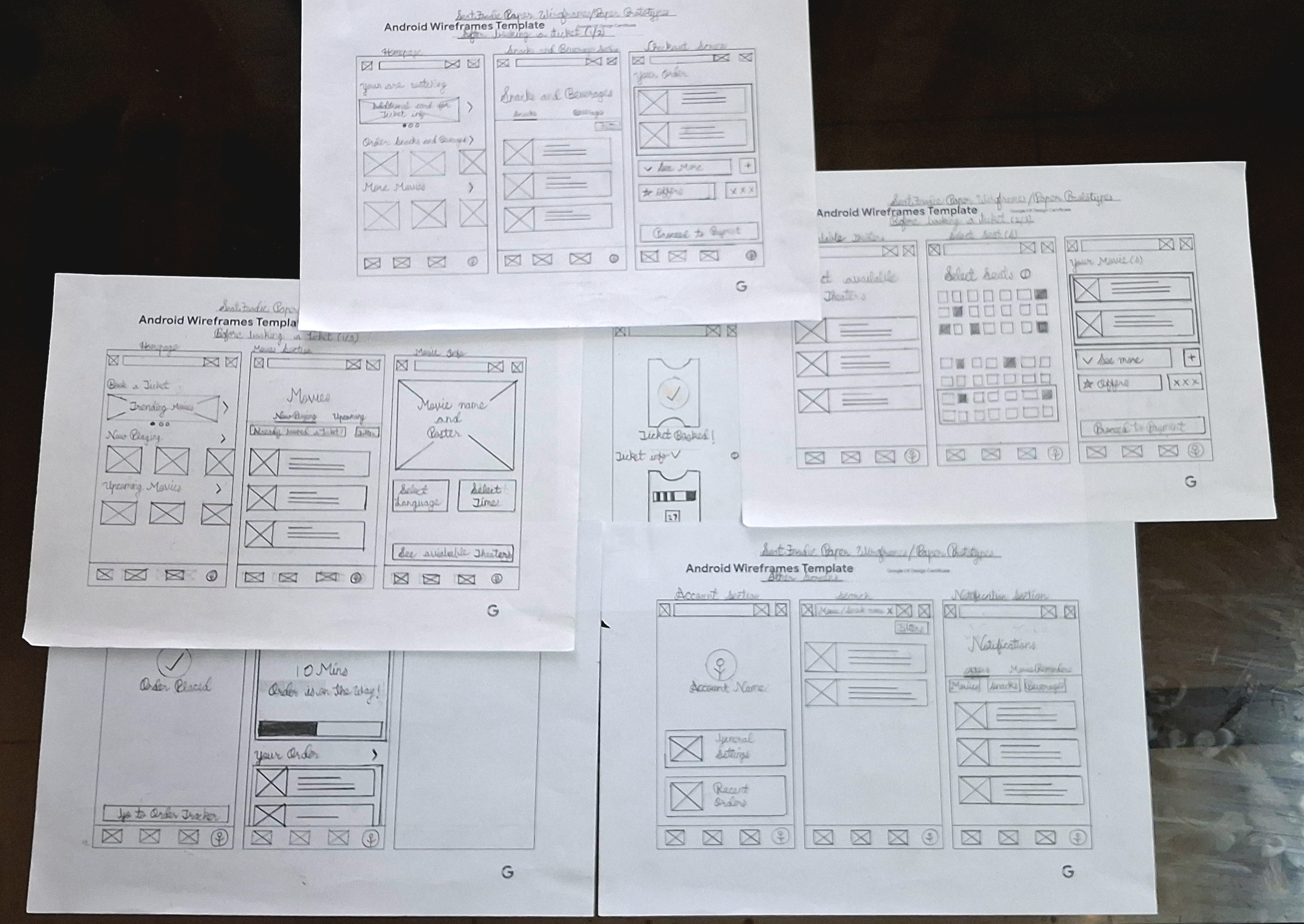 Paper wireframes for SeatFoodie