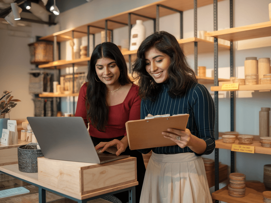 Two small business owners using Quicko to manage compliance, invoicing, and tax returns