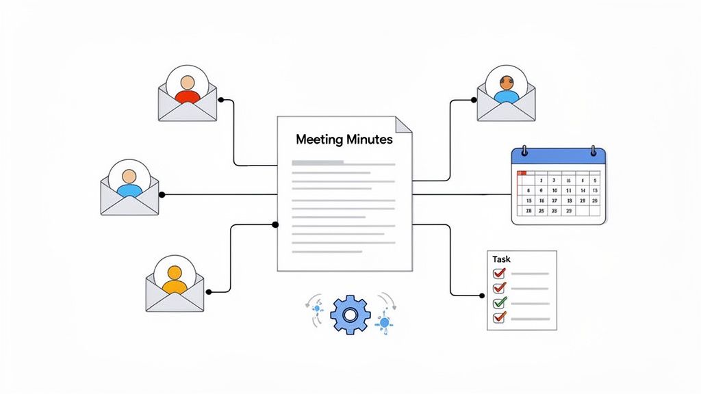 An illustration showing meeting minutes being processed, distributed to participants, and generating tasks and calendar entries.