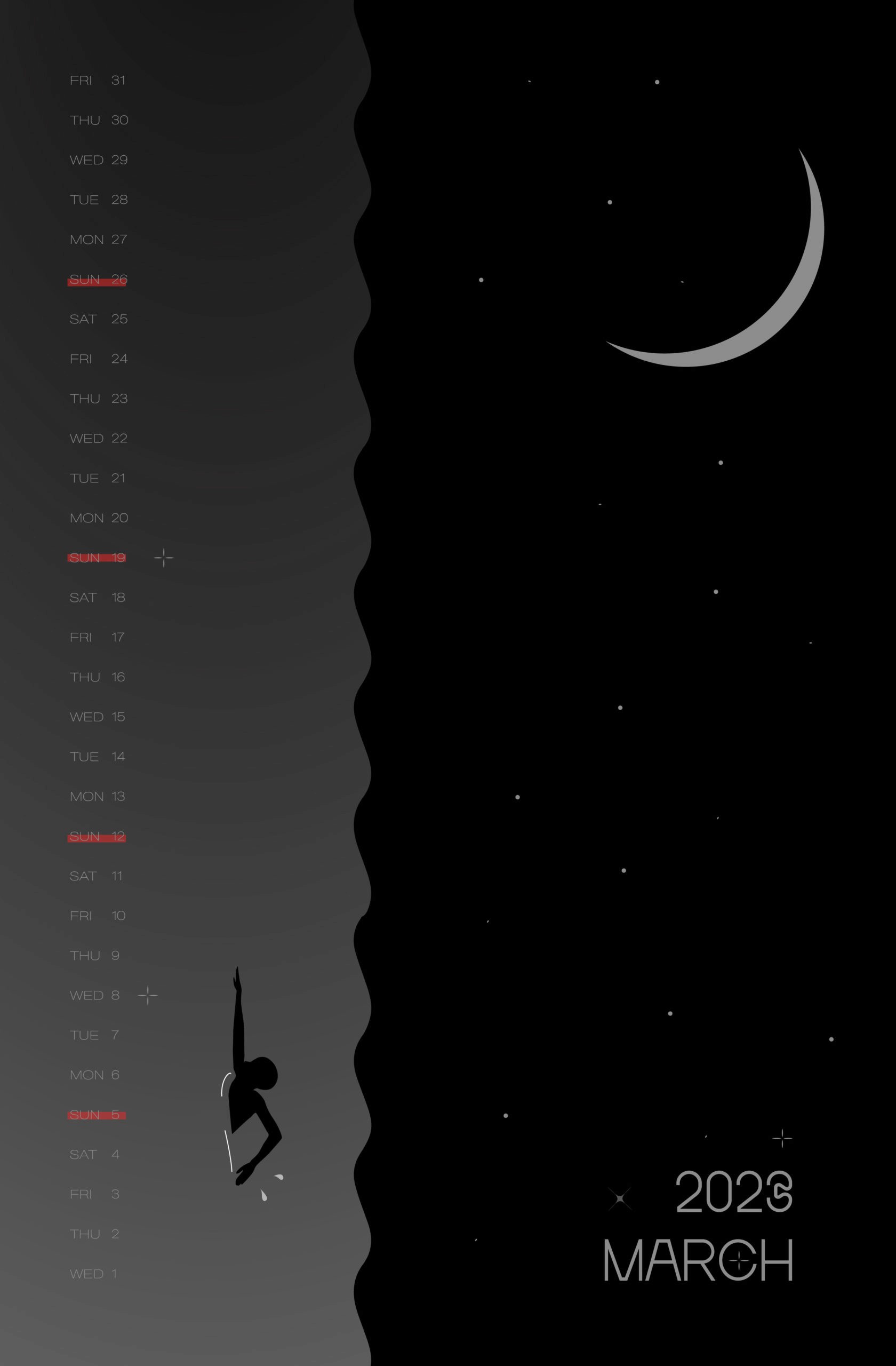 March 2023 month illustration with a man swimming in the night under the starry black sky with a semi-moon