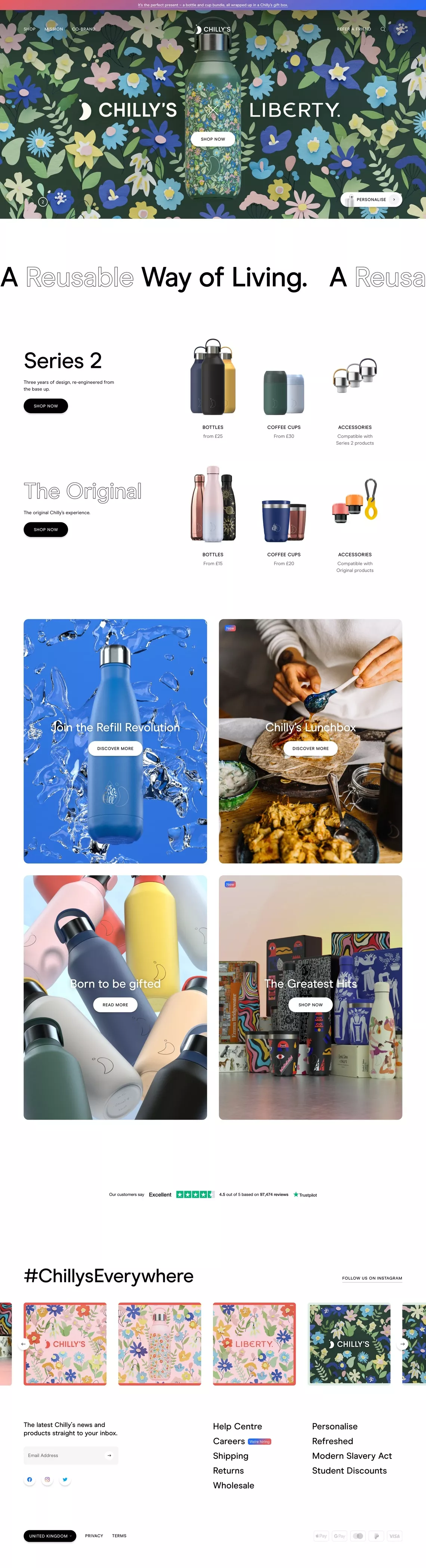 Reusable Water Bottles ecommerce page screenshot showcasing Design and Food & Drinks design