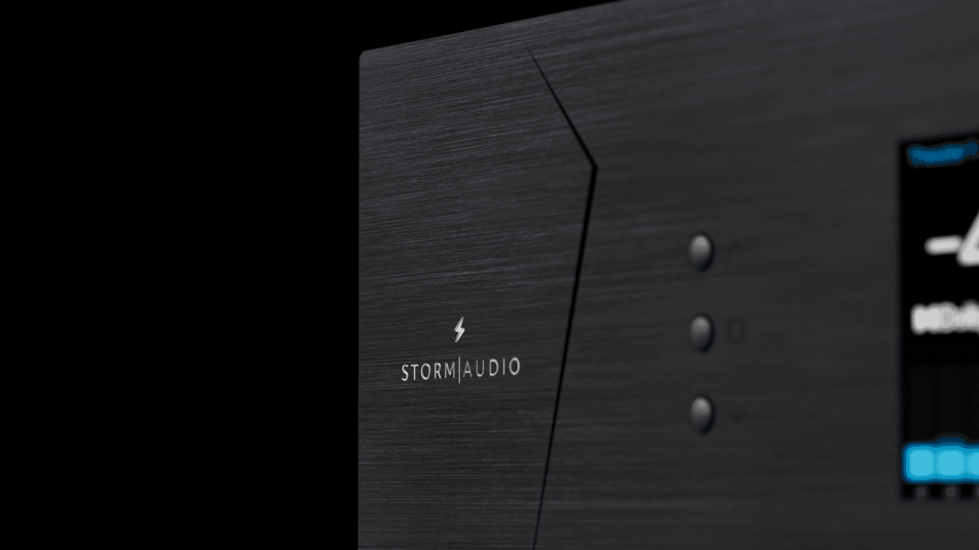 Stormaudio logo on brushed black amplifier with screen